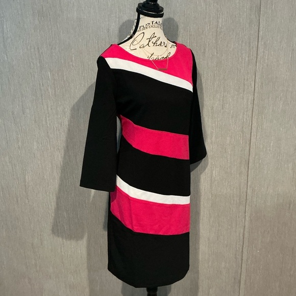 Zoe+Phoebe Asymmetrical Black and Pink Sheath Dress with 3/4 Sleeves Size Large - Picture 7 of 7